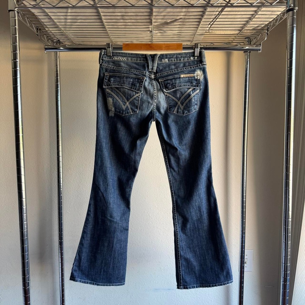William Rast Belle Flare Jeans Dark Distressed Low Rise Contrast Stitch 28